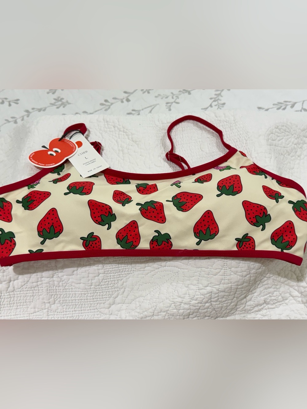 New with Tags Cider Strawberry Print Bikini Top on Cream Background